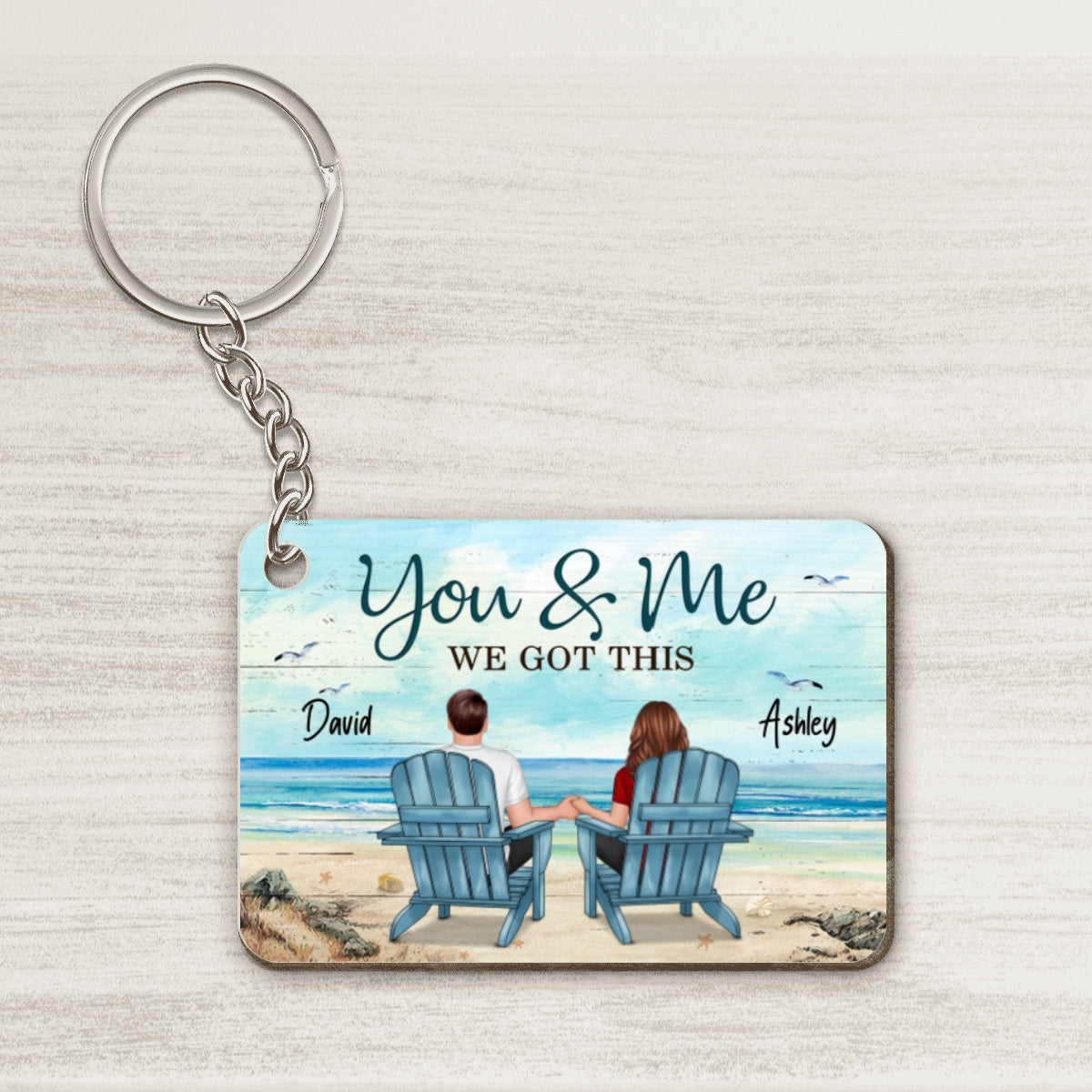 Back View Couple Sitting Beach Landscape Gift For Him For Her Personalized Wooden Keychain