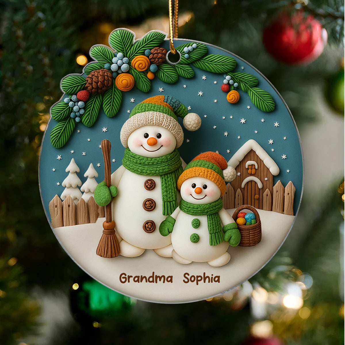 Grandma Grandkids 3D Effect Snowman Personalized Acrylic Ornament