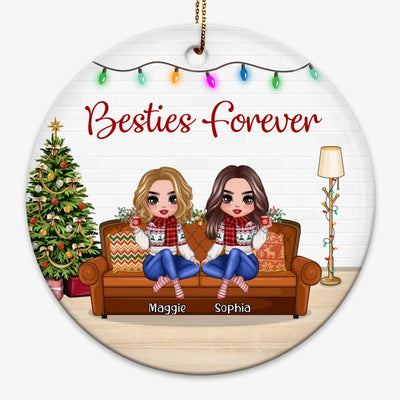 Christmas Doll Sitting Best Friends Sisters On Sofa Personalized Circle Ornament