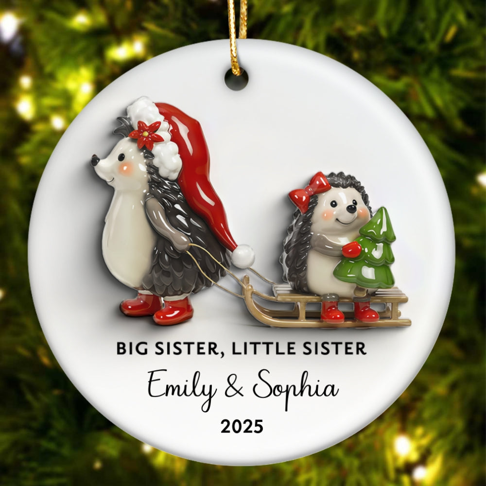 Big Sister Little Sister 3D Effect Cute Hedgehog - Personalized Ceramic Ornament - Proud New Big Sister Gift For Daughter, Granddaughter