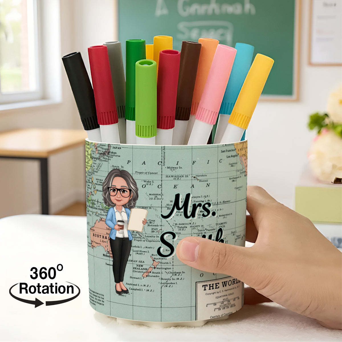 World Map Adventure Themed Doll Teacher Personalized Rotating Pen Holder
