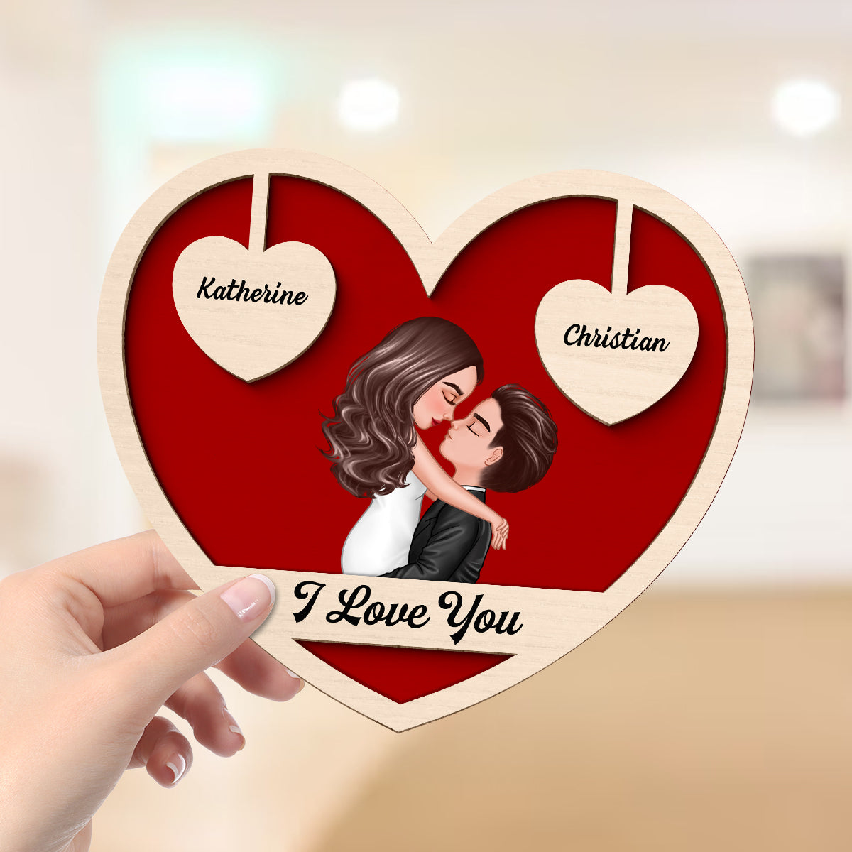 Couple Kissing Two Hearts Custom Message Personalized 2-layer Wooden Plaque
