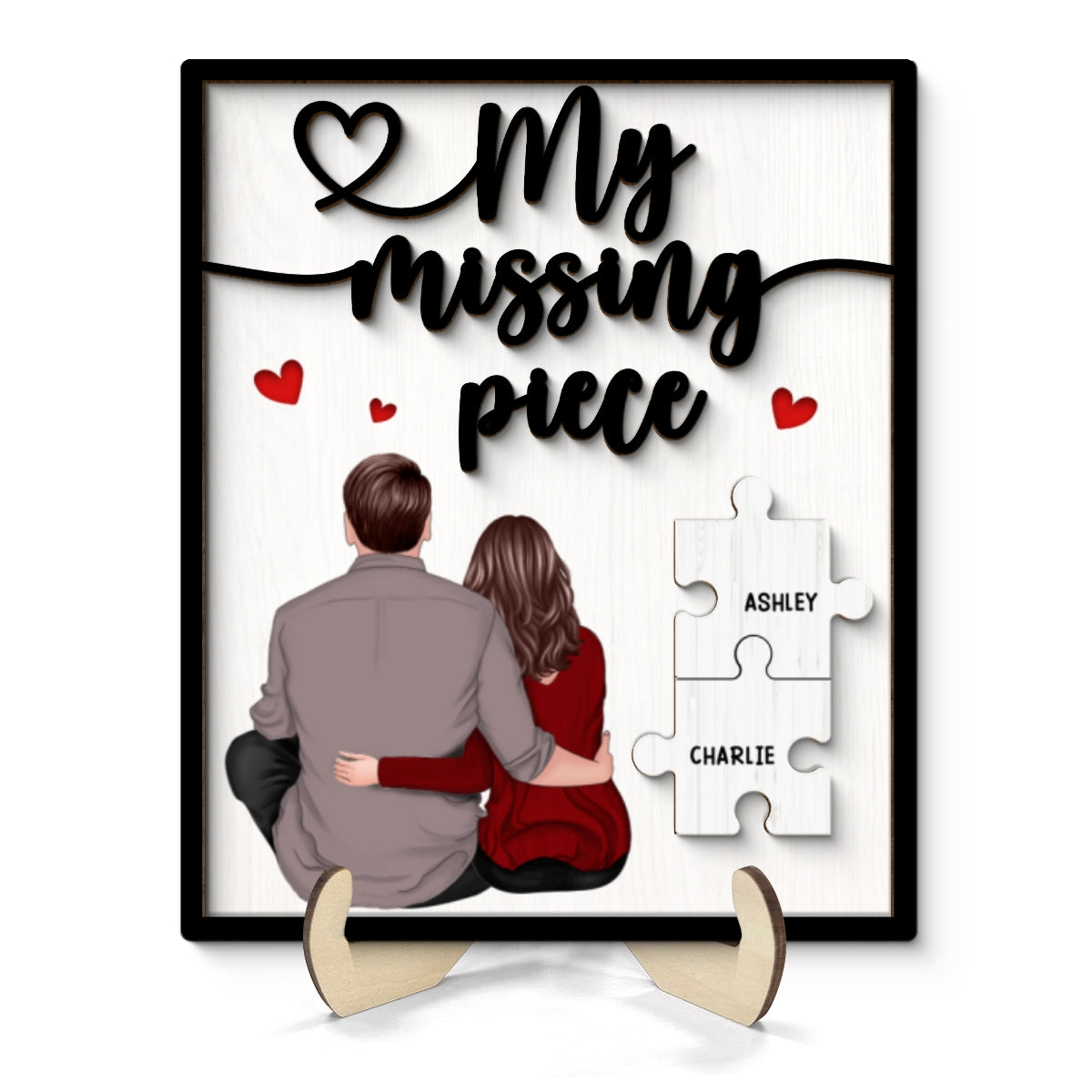 My Missing Piece Couple Sitting Back View Valentine‘s Day Gift For Her Gift For Him Personalized 2-Layer Wooden Plaque