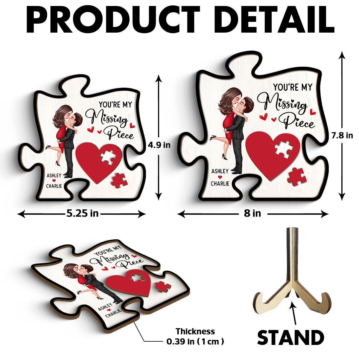 Couple Missing Piece Red Heart In Puzzle Shape Personalized 2-layer Wooden Plaque
