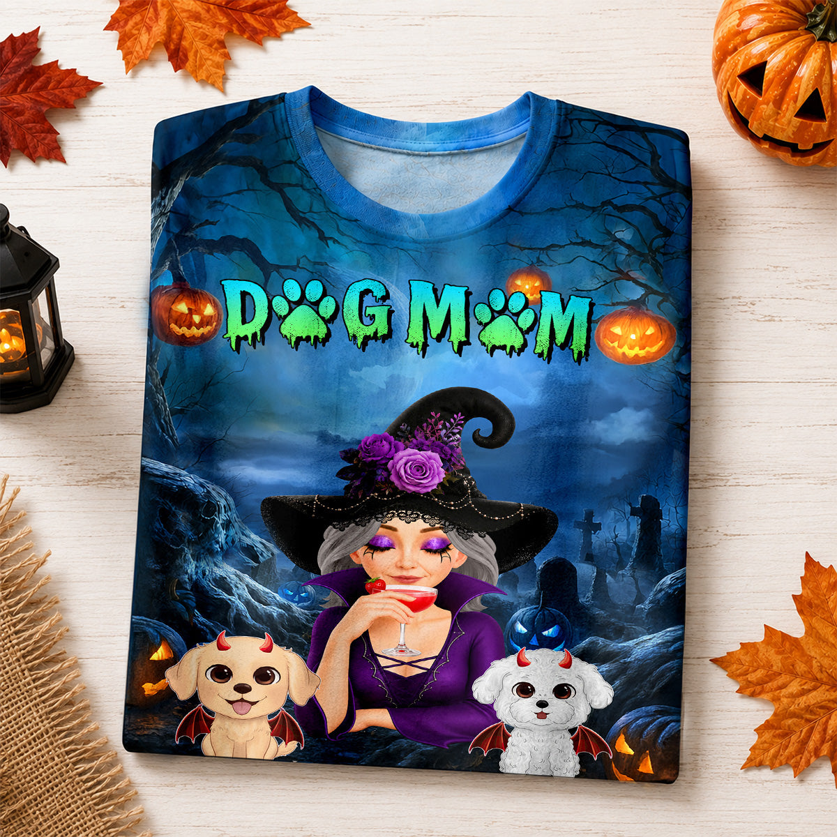 Dog Mom In Halloween Night Blue Theme - Personalized Shirt - Halloween Costume for Dog Lovers