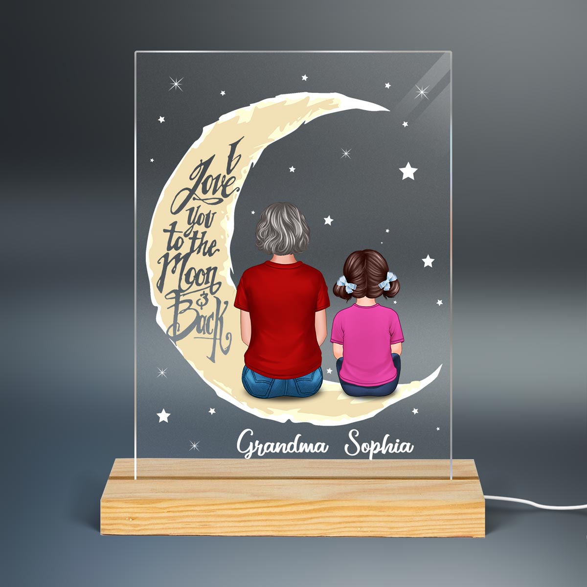 Grandma & Grandkid On Moon Back View Personalized Plaque With LED Night Light - Gift For Grandmas - Gift For Grandchildren