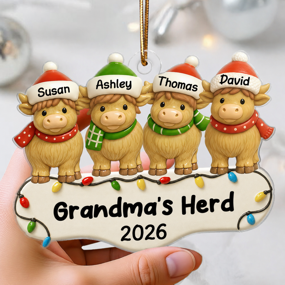 3D Effect Highland Cows Grandma's Herd For Christmas Personalized Acrylic Ornament, Christmas Decor For Grandma