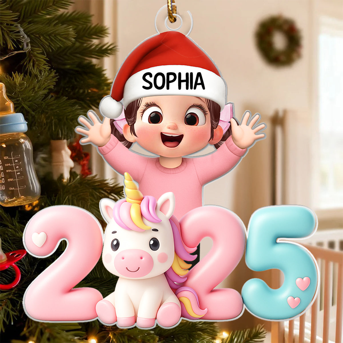 3D Effect Happy Kid With Unicorn Numbers - Personalized Acrylic Ornament - Christmas Gift For Kids, Grandkids, Granddaughter