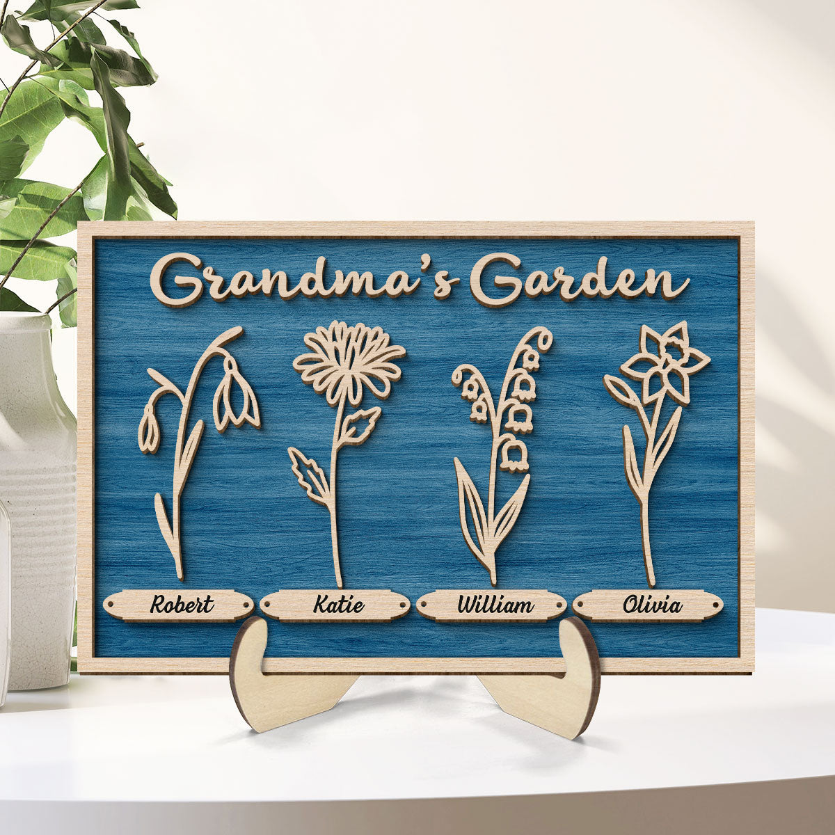 Grandma Mom Garden Outline Birth Month Flowers Personalized 2-layer Wooden Plaque