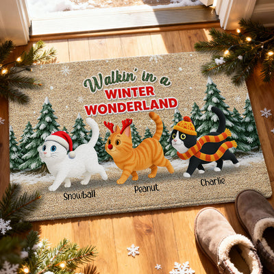 Cats Walking In A Winter Wonderland - Personalized Doormat - Gift For Cat Lovers