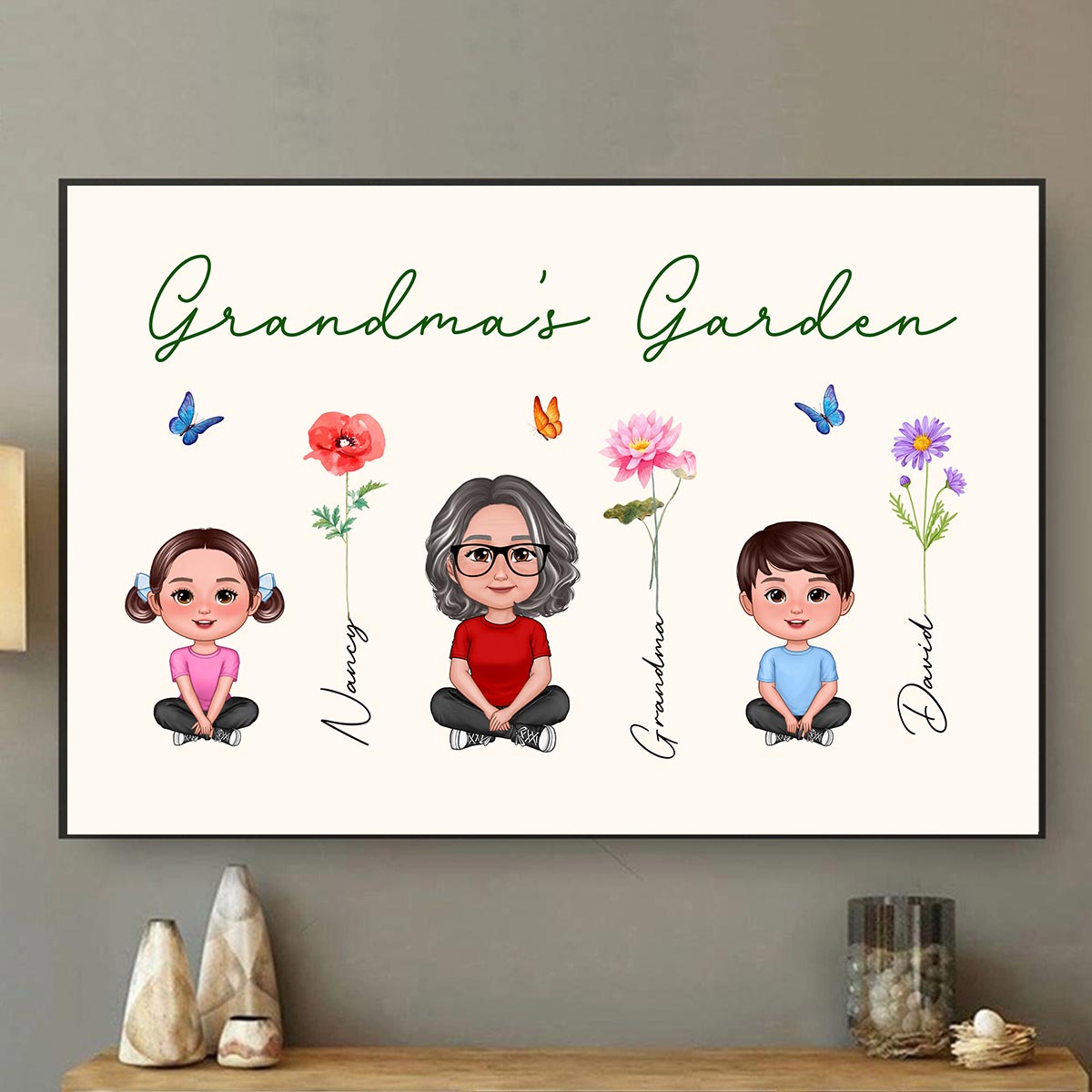 Grandma Grandkids Sitting Crossed Legs Garden Watercolor Birth Month Flowers Mother‘s Day Gift Personalized Horizontal Poster