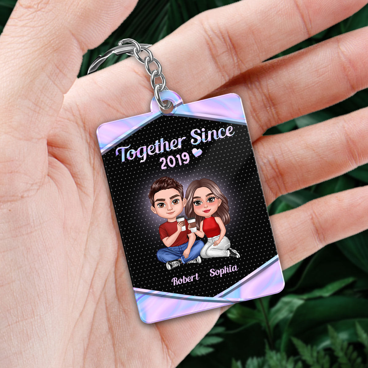 Doll Couple Sitting Together Galaxy Metal Texture Favorite Song QR Code Personalized Acrylic Keychain