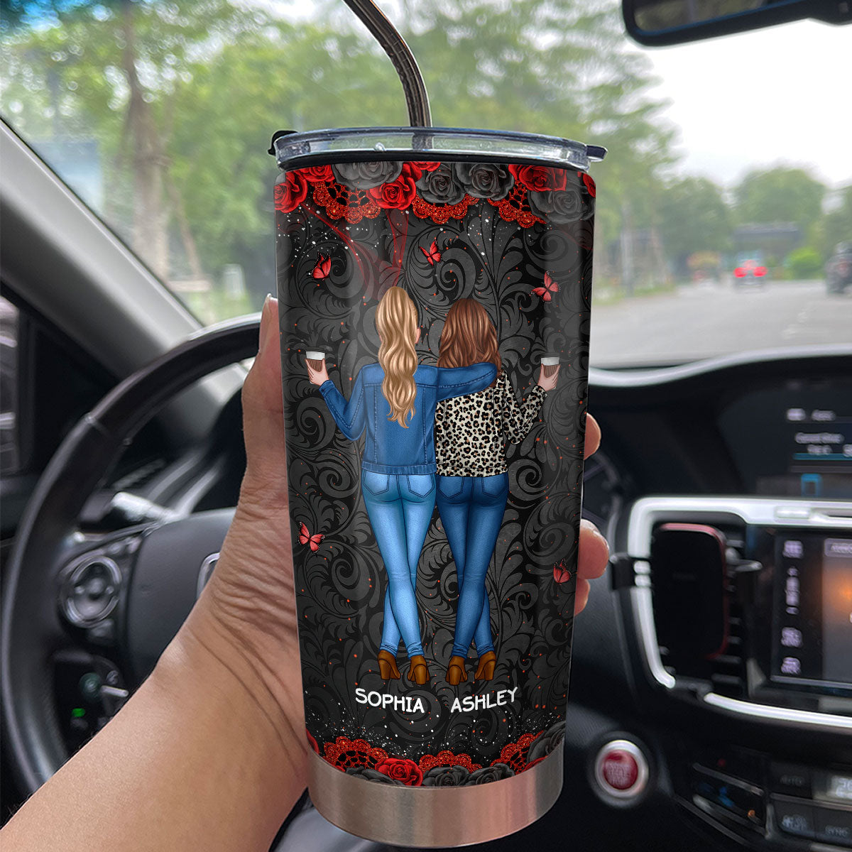 I'd Punch A Bitch For You Gift For Besties Black & Red Roses Personalized Tumbler