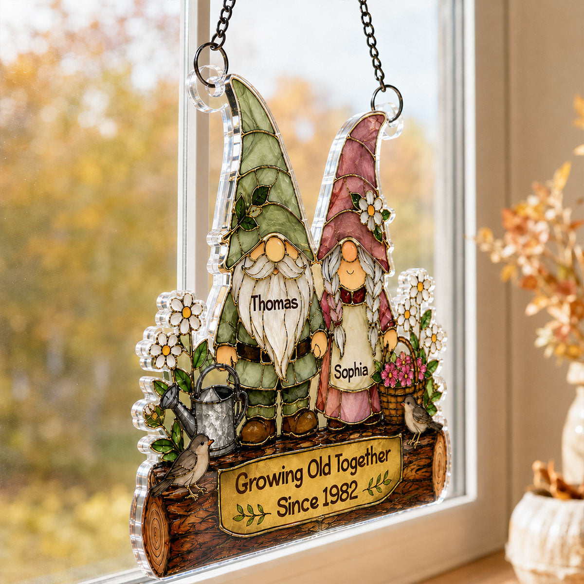 Gnome Couple Growing Old Together 2D Printed - Personalized Acrylic Window Hanger - Gift For Couples