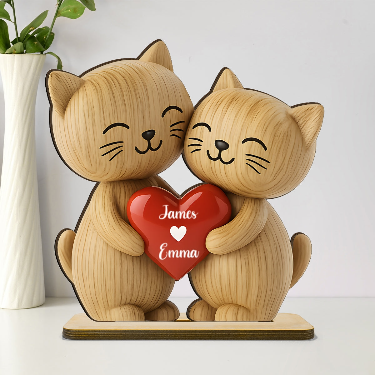 3D Effect Cat Couple Love Personalized Flat Standing Wooden Plaque| Heartfelt Birthday Gift, Anniversary Gift for Couple