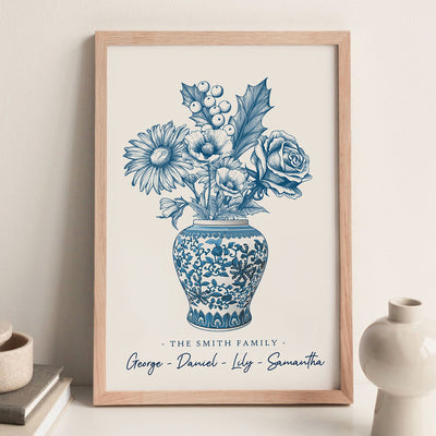 Family Birth Flower Blue Chinoiserie Vase Personalized Poster, Home Decor, Housewarming Gift