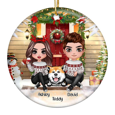 Couple And Dogs Christmas Front Porch Personalized Circle Ornament