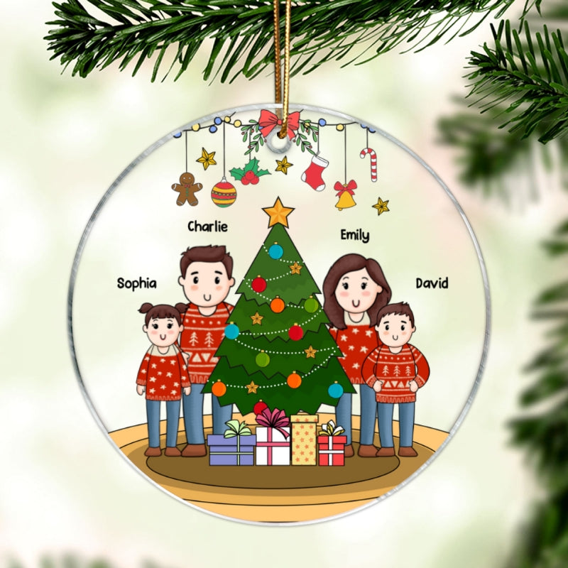 Comic Family Standing Around Christmas Tree Personalized Acrylic Ornament, Christmas Gift For Family