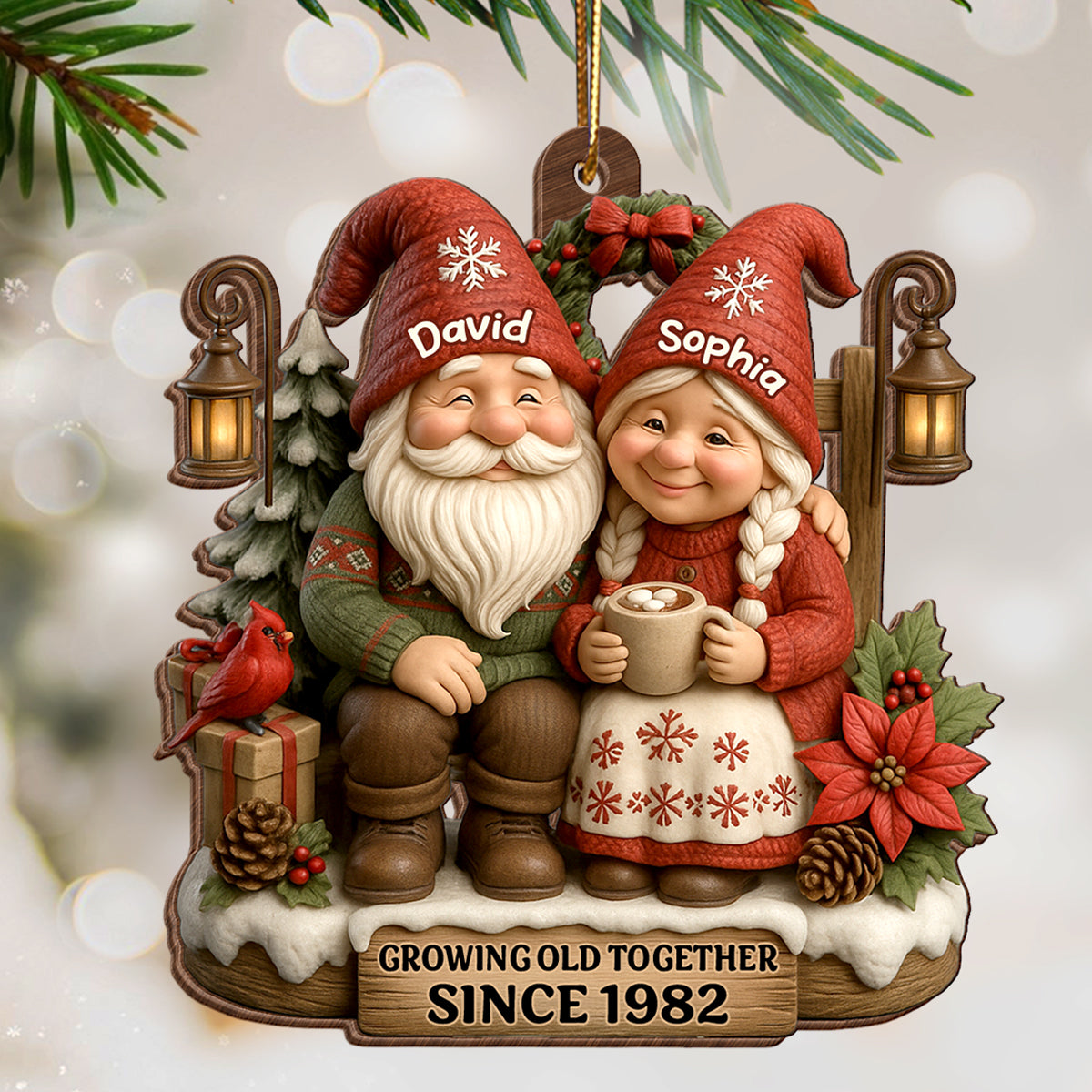 Old Gnomes Couple Sharing Holiday Cheer Together - Personalized Wooden Ornament - Thoughtful & Heartfelt Christmas Gift for him, Gift for her