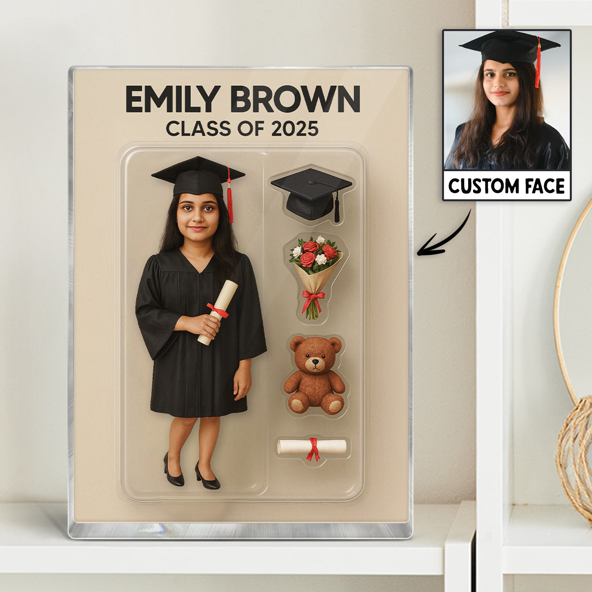 3D Effect Graduate Custom Figure Personalized Flat Rectangle Acrylic Block Plaque, Unique Keepsake, Graduation Gift [FEMALE version ONLY]