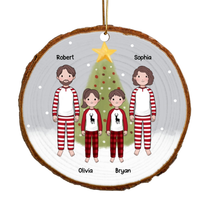 Simple Cartoon Whole Family By Christmas Tree In Snow Wood Slice Personalized Wooden Ornament