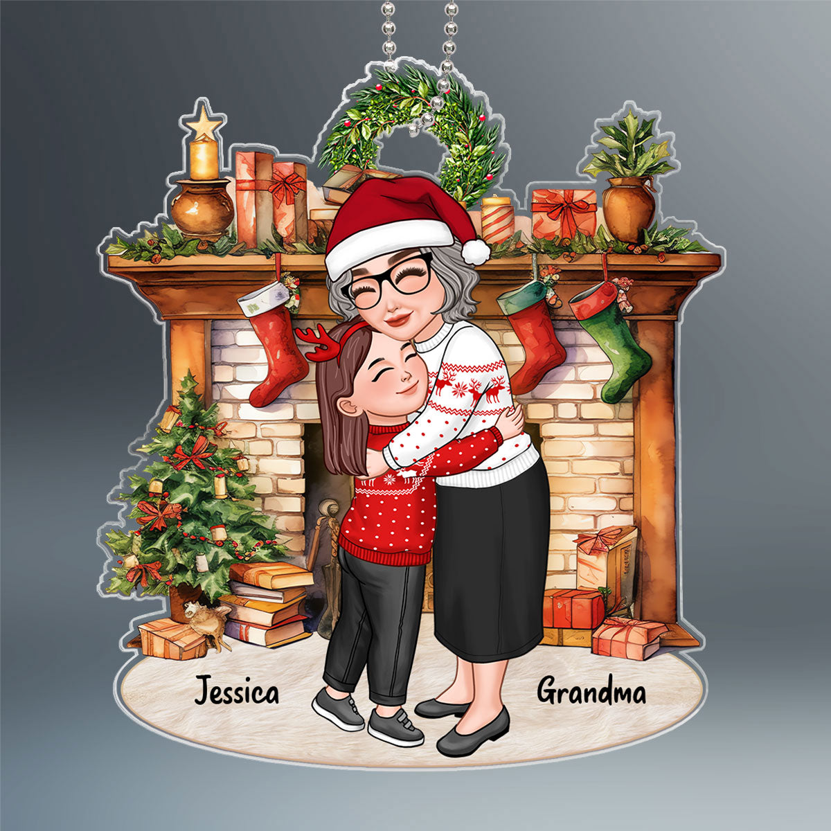 Grandma & Grandkid Hugging By Christmas Fireplace Personalized Acrylic Ornament