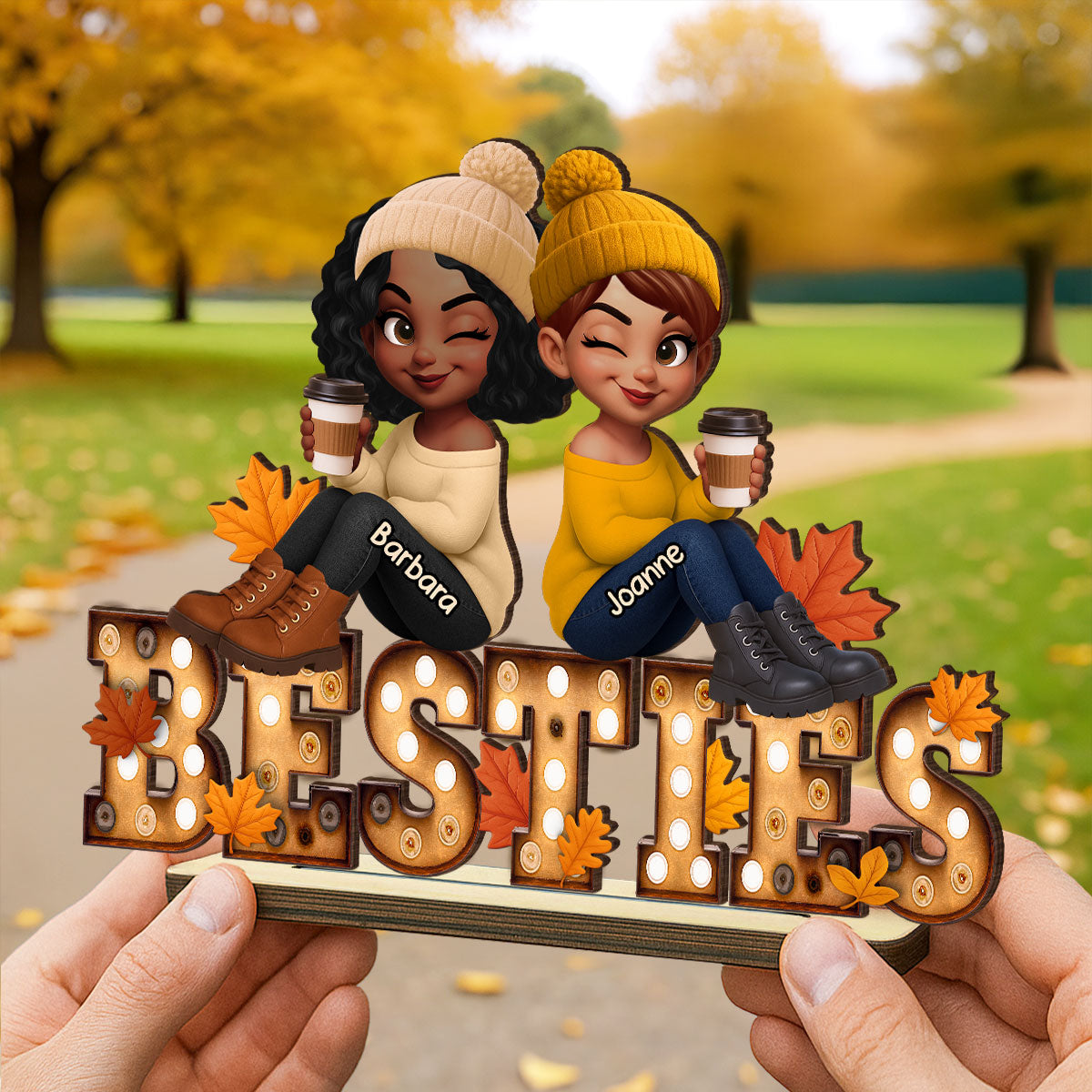 Fall Besties Sitting On Text Marquee Effect Personalized Standing Wooden Plaque, Meaningful Gift For Best Friends