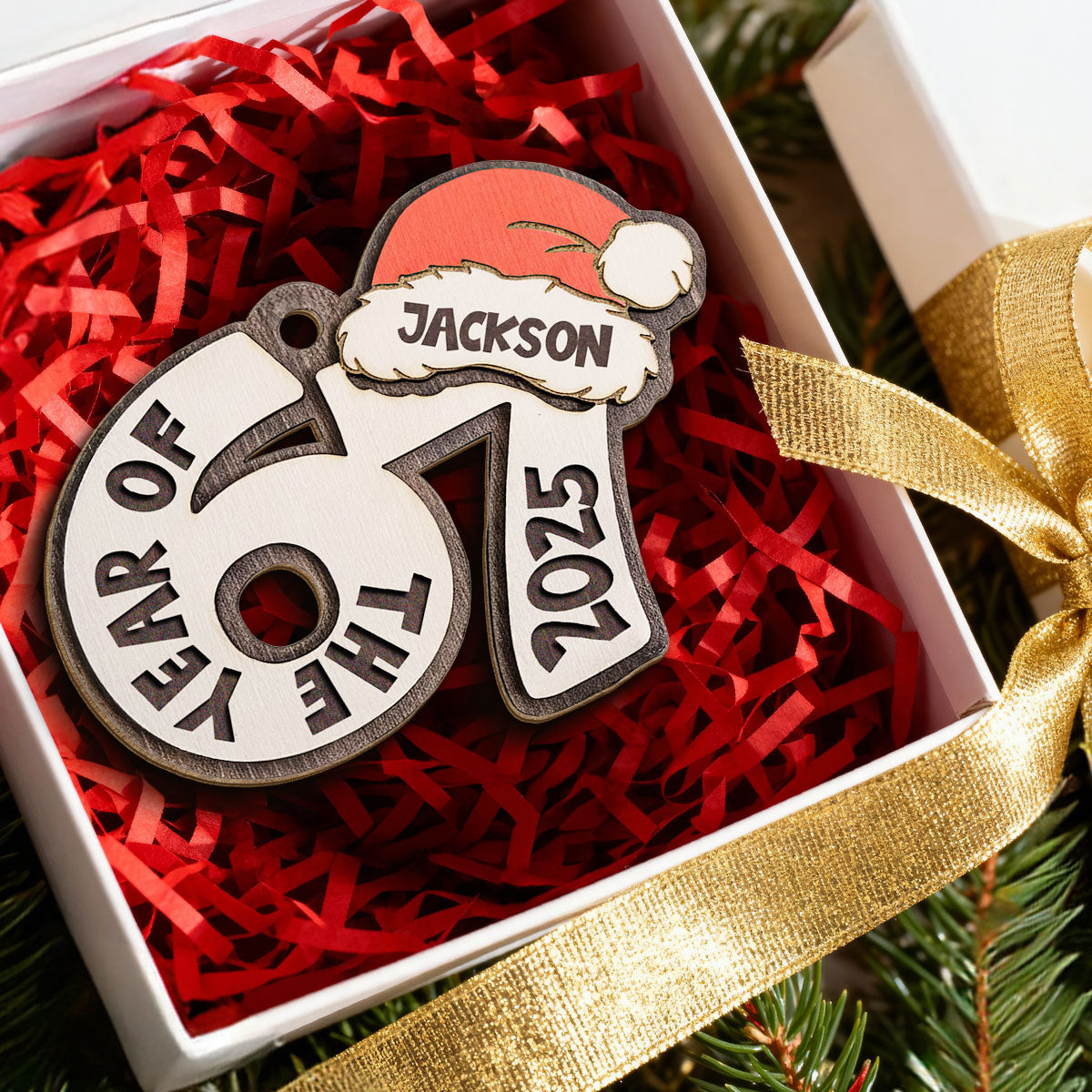Custom Name The Year Of 67 Six Seven - Personalized Wooden Ornament - 2025 Slang, Funny Teen Grandkid, Gen Alpha Christmas Gift