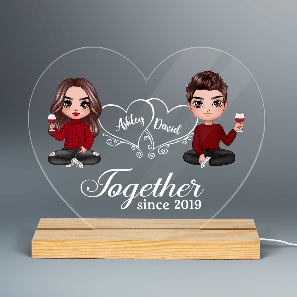 Hearts Doll Couple Sitting Gift For Him Gift For Her Personalized Custom Shape Acrylic Plaque With LED Night Light