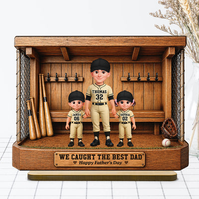 Baseball Dugout Dad And Kids We Caught The Best Dad - Personalized 2-Layered Wooden Plaque - Father's Day Gift For Dad