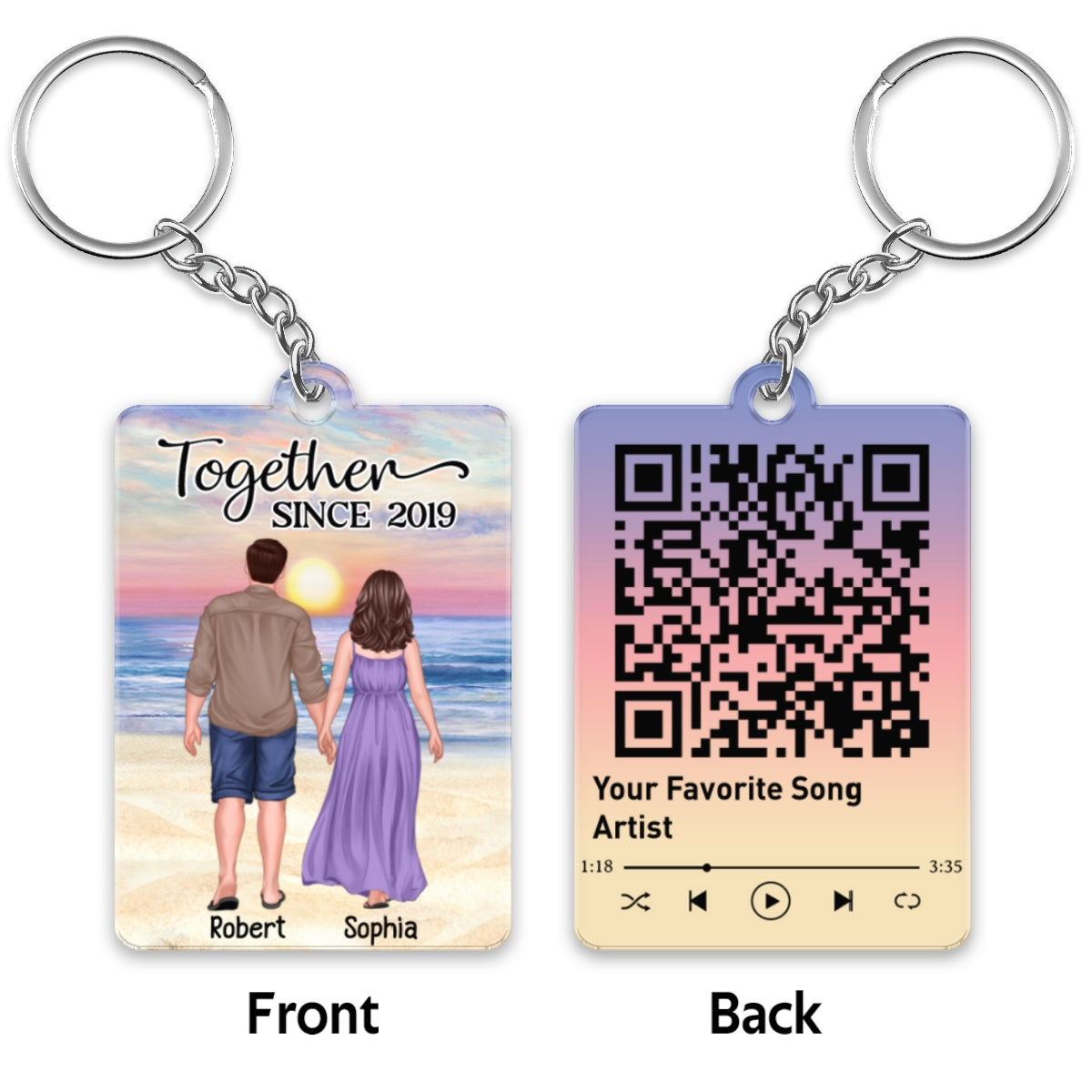 Back View Couple Walking At Beach Favorite Song QR Code Personalized Acrylic Keychain