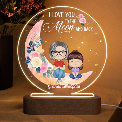 I Love You To The Moon And Back Moon Star And Flower Personalized Circle Acrylic Plaque LED Night Light