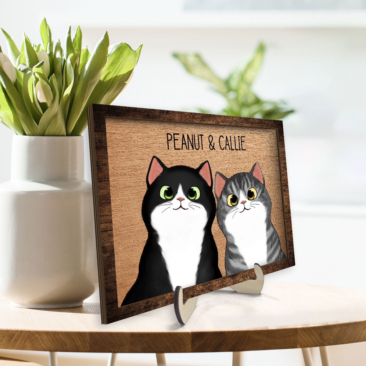 Peeking Fluffy Cats Personalized 2-Layer Wooden Plaque