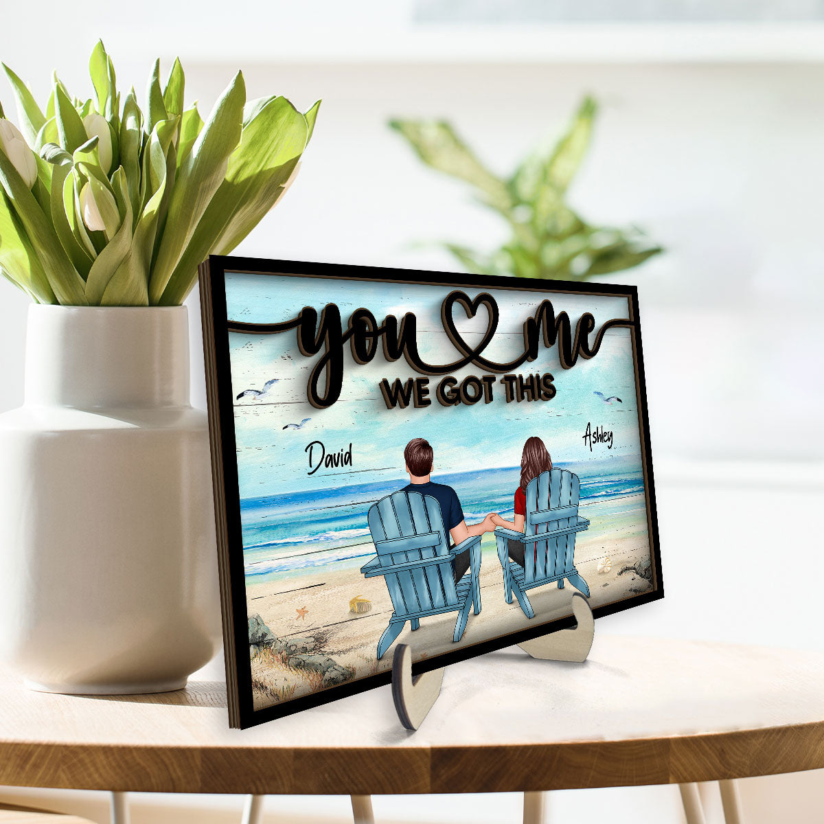 Back View Couple Beach Landscape Valentine‘s Day Gift For Him For Her Personalized 2-Layer Wooden Plaque