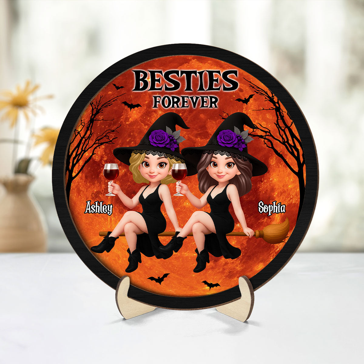 Halloween Witch Besties On Broom Personalized 2-Layer Wooden Plaque, Halloween Gift