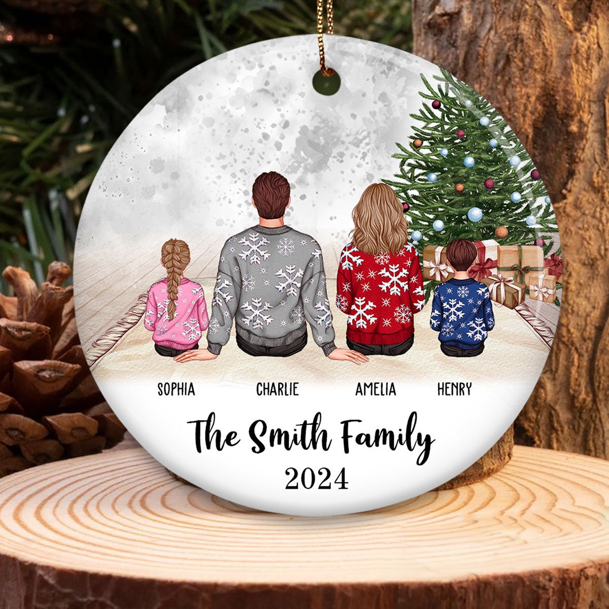 Personalized Big Christmas Family Ornament, Sitting Family Back View, Merry Christmas