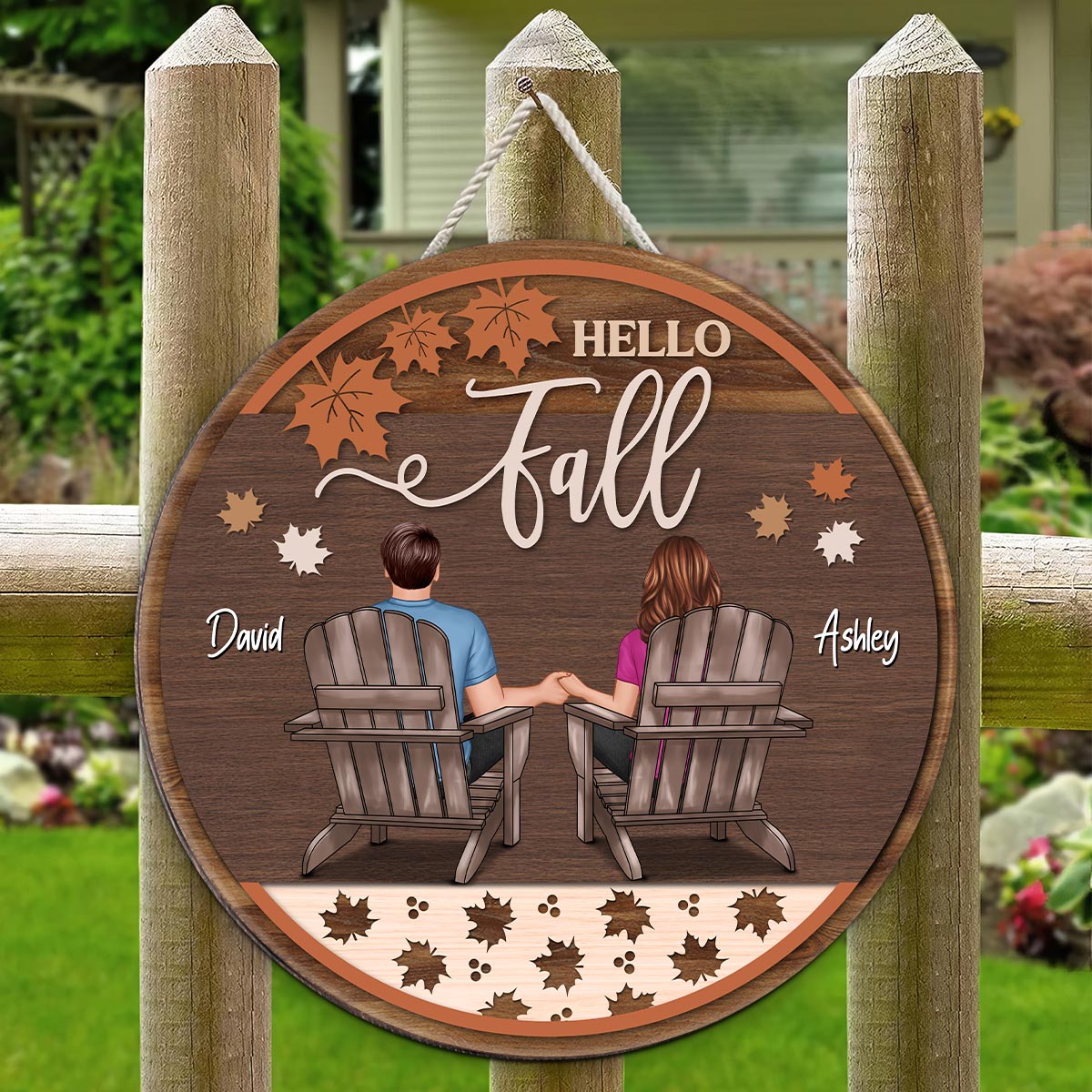 Hello Fall Couple Sitting Personalized Wood Sign, Fall Season Decor, Gift For Him Her