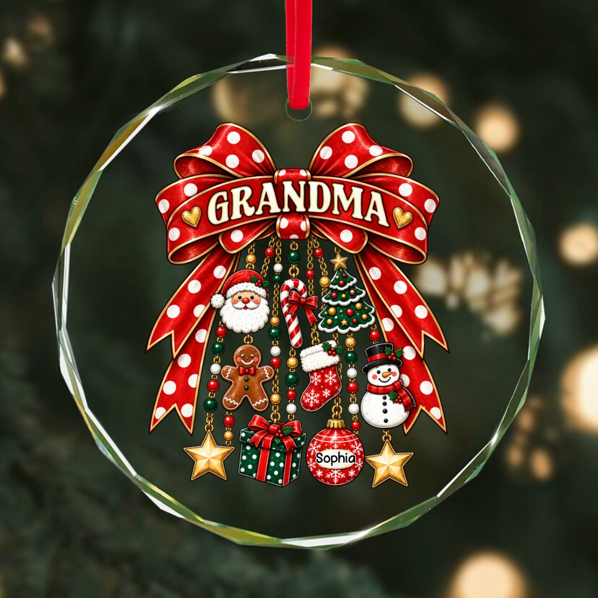 Grandma Retro Christmas Charm Bow - Personalized Glass Ornament - Trendy Christmas for Grandma