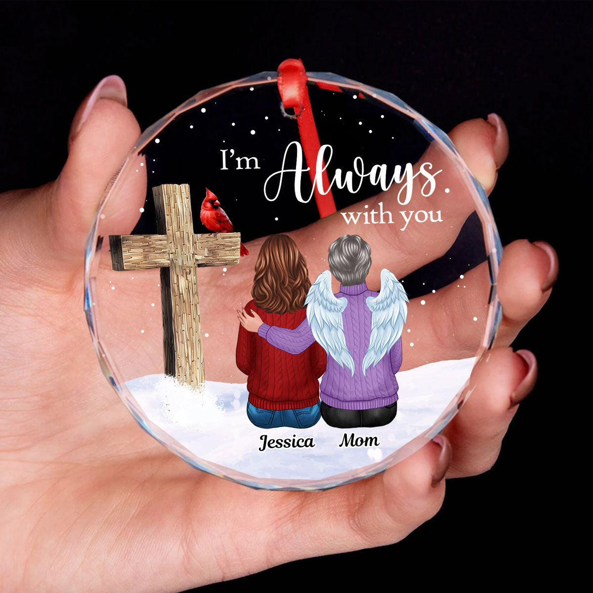 Always With You Family Cross Memorial Keepsake Personalized Glass Ornament