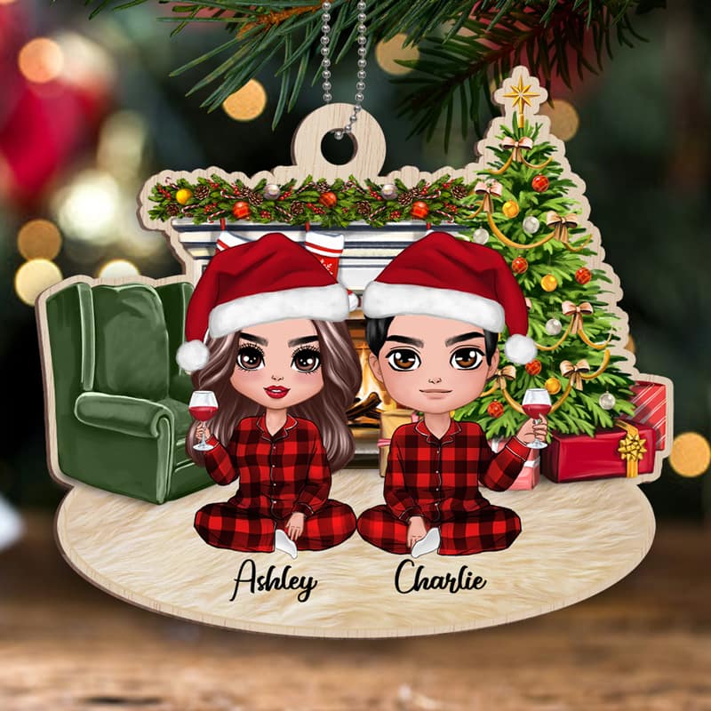 Pajamas Doll Couple Sitting At Fireplace Personalized Wooden Ornament