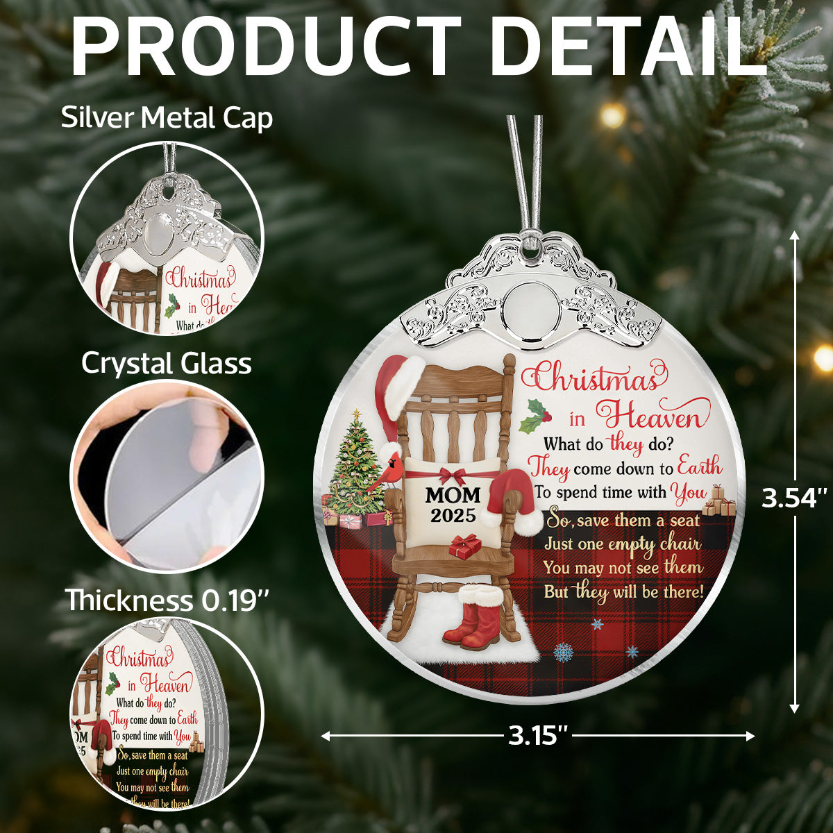 Christmas In Heaven Checkered Theme - Personalized Glass Ornament With Silver Cap - Christmas Memorial Keepsake For Family