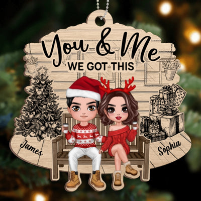 Christmas Couple Sitting Front Porch Sketch Personalized Wooden Ornament