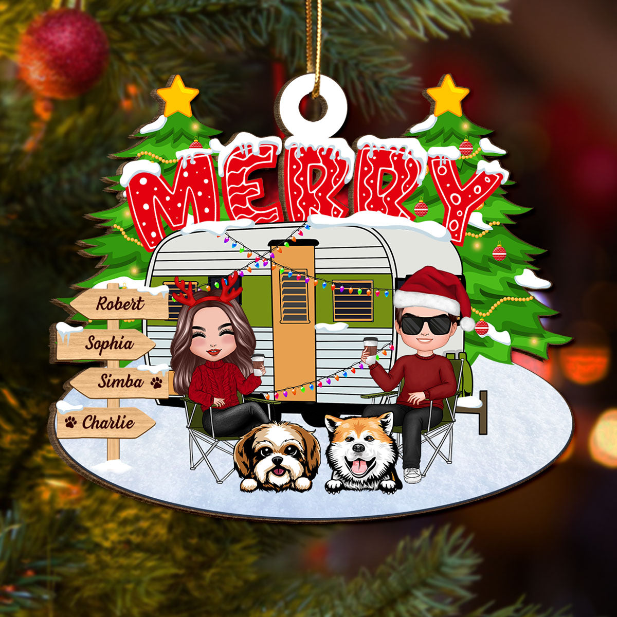 Couple And Dogs Camping Merry Christmas Personalized Wooden Ornament