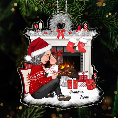 Grandma Mom Holding Kid Sitting Next To Christmas Fireplace Personalized Acrylic Ornament