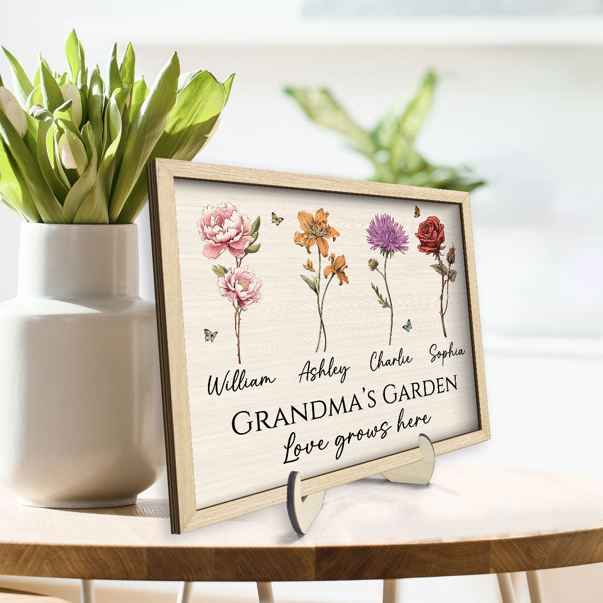 Vintage Birth Month Flowers Grandma Mom Garden Love Grows Here Mother‘s Day Gift Personalized 2-Layer Wooden Plaque