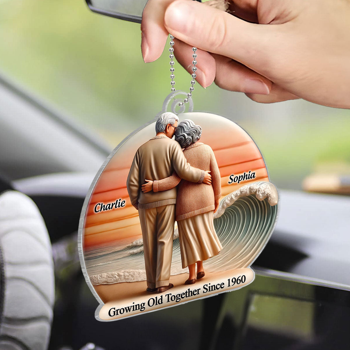3D Effect Old Couple Walking Sunset Beach Landscape Personalized Car Hanger Ornament, Heartfelt Gift For Couple, For Him, For Her, Husband, Wife