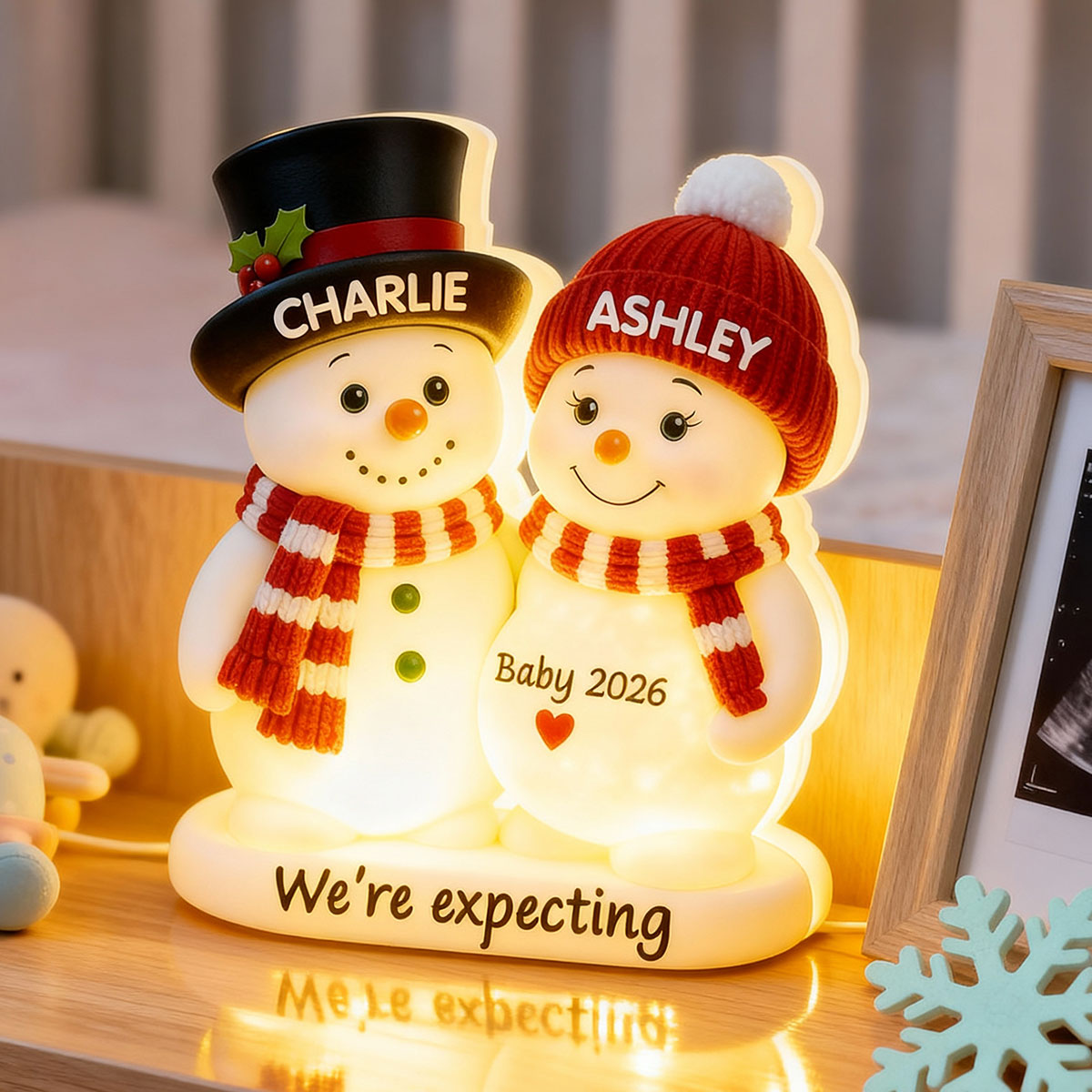 Christmas Snowman Couple Parents We're Expecting Pregnancy Baby Arriving - Personalized Light Box