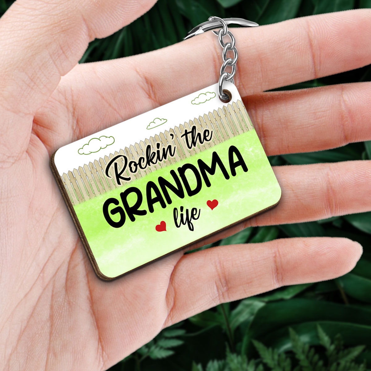 Rockin‘ Grandma Life Garden Backyard Personalized Wooden Keychain