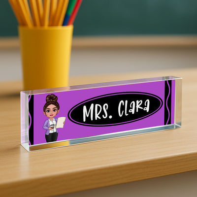Teacher Crayon Pattern Personalized Acrylic Desk Name Plate, Back To School Gift For Teacher