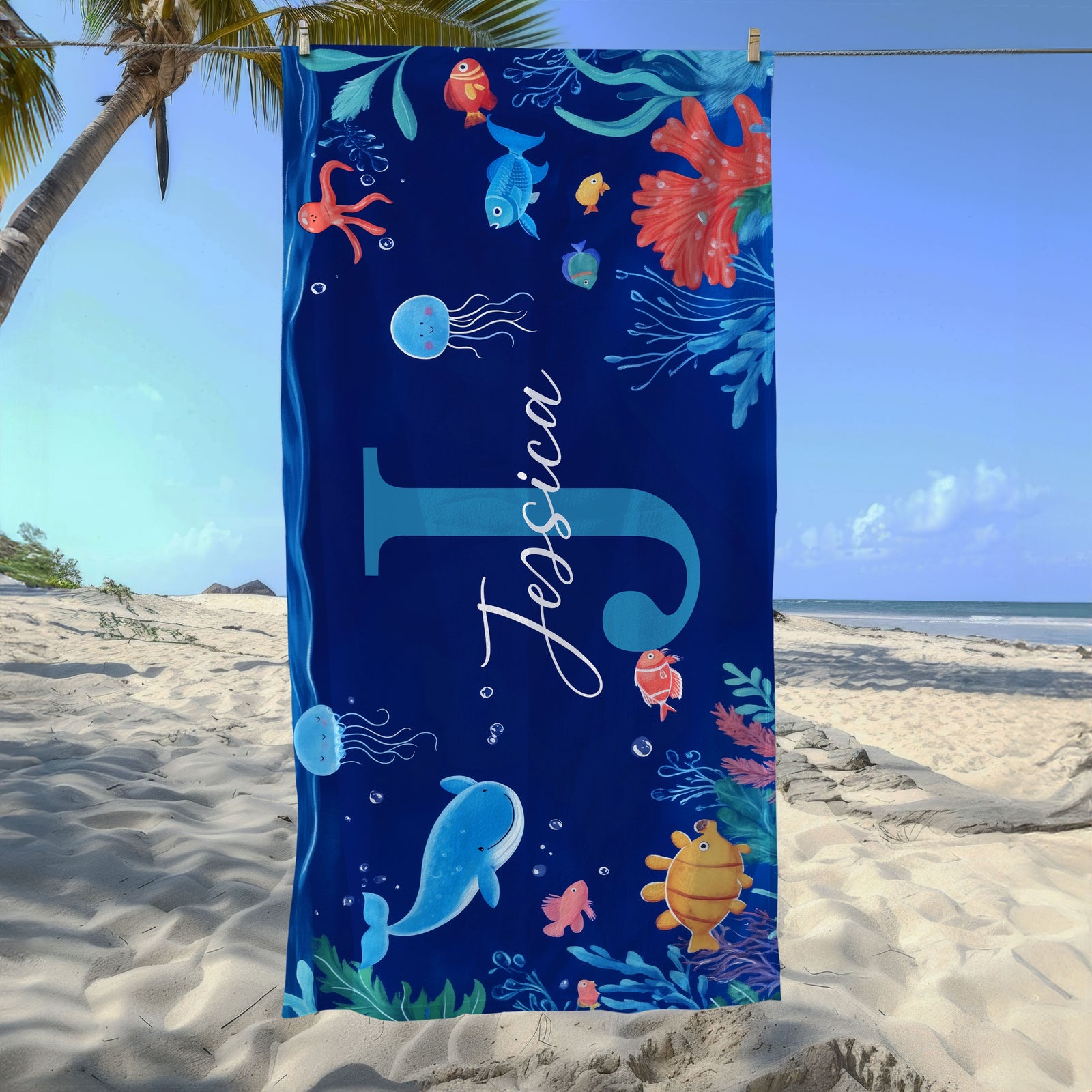 Personalized Ocean World Cute Animal Personalized Beach Towel with Initial and Name, Summer Travel, Accessories Gift for Boy Girl, Bath Towel
